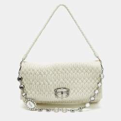 Miu Miu Off White Matelassé Leather Crystal Cloqué Flap Shoulder Bag