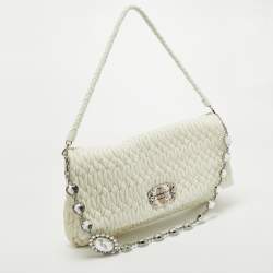 Miu Miu Off White Matelassé Leather Crystal Cloqué Flap Shoulder Bag