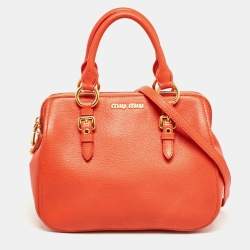 Pre Owned Miu Miu Orange Madras Leather Baulleto Bag