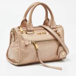 Pre Owned Miu Miu Beige Vitello Shine Leather Bauletto Zip Satchel