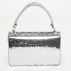 Pre Owned Miu Miu Silver Sequin and Leather Chain Top Handle Bag