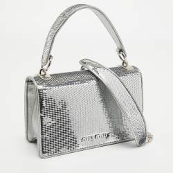 Pre Owned Miu Miu Silver Sequin and Leather Chain Top Handle Bag