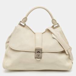 Pre Owned Miu Miu Off White Leather Pushlock Flap Top Handle Bag