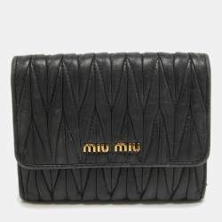 Pre Owned Miu Miu Black Matelasse Leather Flap Compact Wallet