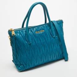 Pre Owned Miu Miu Teal Blue Matelassé Leather Top Zip Tote