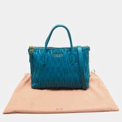 Pre Owned Miu Miu Teal Blue Matelassé Leather Top Zip Tote