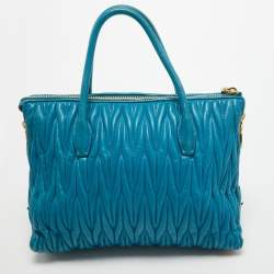 Pre Owned Miu Miu Teal Blue Matelassé Leather Top Zip Tote