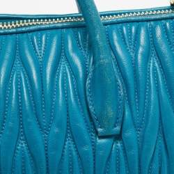 Pre Owned Miu Miu Teal Blue Matelassé Leather Top Zip Tote