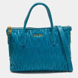 Pre Owned Miu Miu Teal Blue Matelassé Leather Top Zip Tote