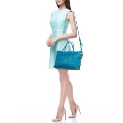 Pre Owned Miu Miu Teal Blue Matelassé Leather Top Zip Tote