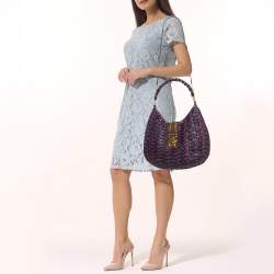 Miu Miu Purple/Plum Woven Leather Push Lock Flap Hobo
