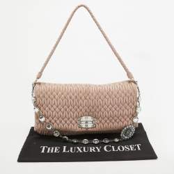 Pre Owned Miu Miu Light Pink Matelassé Leather Crystal Flap Shoulder Bag