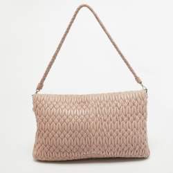 Pre Owned Miu Miu Light Pink Matelassé Leather Crystal Flap Shoulder Bag