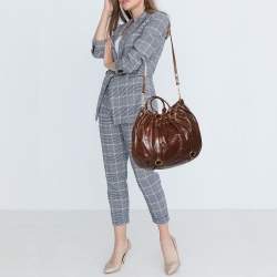 Miu Miu Brown Vitello Shine Leather Gathered Hobo