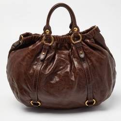 Miu Miu Brown Vitello Shine Leather Gathered Hobo