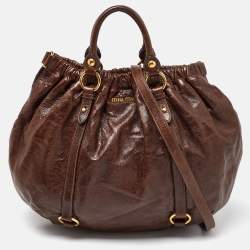 Miu Miu Brown Vitello Shine Leather Gathered Hobo