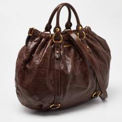 Miu Miu Brown Vitello Shine Leather Gathered Hobo