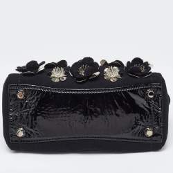 Miu Miu Black Canvas and Patent Leather Flower Embellished Satchel