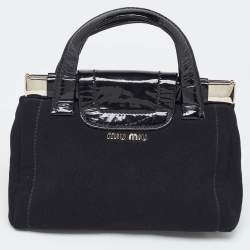 Miu Miu Black Canvas and Patent Leather Flower Embellished Satchel