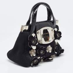 Miu Miu Black Canvas and Patent Leather Flower Embellished Satchel