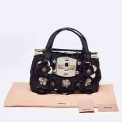 Miu Miu Black Canvas and Patent Leather Flower Embellished Satchel