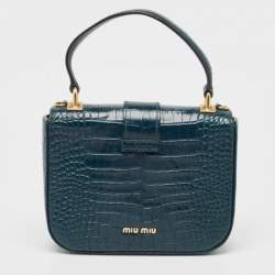 Miu Miu Teal Croc Embossed Leather Pushlock Flap Top Handle Bag