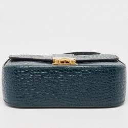 Miu Miu Teal Croc Embossed Leather Pushlock Flap Top Handle Bag