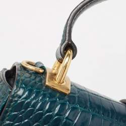 Miu Miu Teal Croc Embossed Leather Pushlock Flap Top Handle Bag
