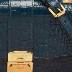 Miu Miu Teal Croc Embossed Leather Pushlock Flap Top Handle Bag