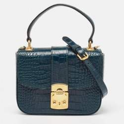Miu Miu Teal Croc Embossed Leather Pushlock Flap Top Handle Bag