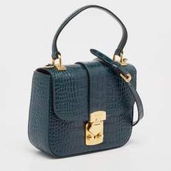 Miu Miu Teal Croc Embossed Leather Pushlock Flap Top Handle Bag