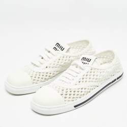 Miu Miu White Knit Fabric Lace Up Sneakers Size 39.5