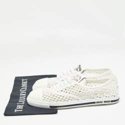 Miu Miu White Knit Fabric Lace Up Sneakers Size 39.5
