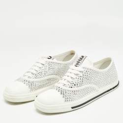 Pre Owned Miu Miu White Canvas Crystal-studded Gabardine Cotton Sneakers Size 40