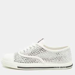 Pre Owned Miu Miu White Canvas Crystal-studded Gabardine Cotton Sneakers Size 40