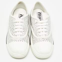 Pre Owned Miu Miu White Canvas Crystal-studded Gabardine Cotton Sneakers Size 40