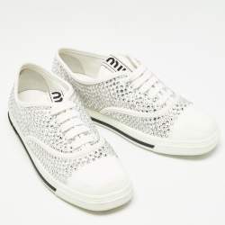 Pre Owned Miu Miu White Canvas Crystal-studded Gabardine Cotton Sneakers Size 40