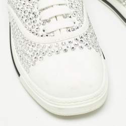 Pre Owned Miu Miu White Canvas Crystal-studded Gabardine Cotton Sneakers Size 40