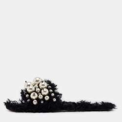 Miu Miu Black Fur Pearl Embellished Flat Slides Size 40