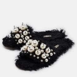 Miu Miu Black Fur Pearl Embellished Flat Slides Size 40