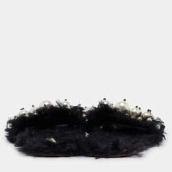 Miu Miu Black Fur Pearl Embellished Flat Slides Size 40