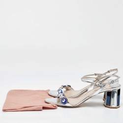 Miu Miu Metallic Silver Patent Leather Crystal Embellished Block Heel Ankle Strap Sandals Size 41