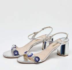 Miu Miu Metallic Silver Patent Leather Crystal Embellished Block Heel Ankle Strap Sandals Size 41
