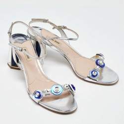 Miu Miu Metallic Silver Patent Leather Crystal Embellished Block Heel Ankle Strap Sandals Size 41