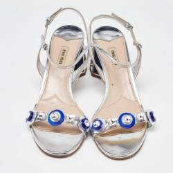 Miu Miu Metallic Silver Patent Leather Crystal Embellished Block Heel Ankle Strap Sandals Size 41