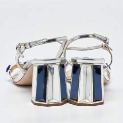 Miu Miu Metallic Silver Patent Leather Crystal Embellished Block Heel Ankle Strap Sandals Size 41