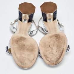 Miu Miu Metallic Silver Patent Leather Crystal Embellished Block Heel Ankle Strap Sandals Size 41