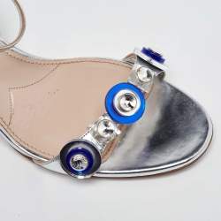 Miu Miu Metallic Silver Patent Leather Crystal Embellished Block Heel Ankle Strap Sandals Size 41