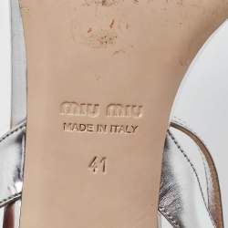 Miu Miu Metallic Silver Patent Leather Crystal Embellished Block Heel Ankle Strap Sandals Size 41
