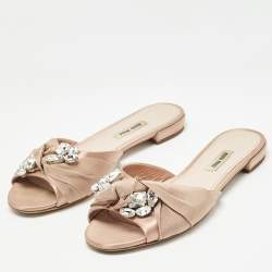 Miu Miu Beige Satin Crystal Embellished Flat Slides Size 38.5    